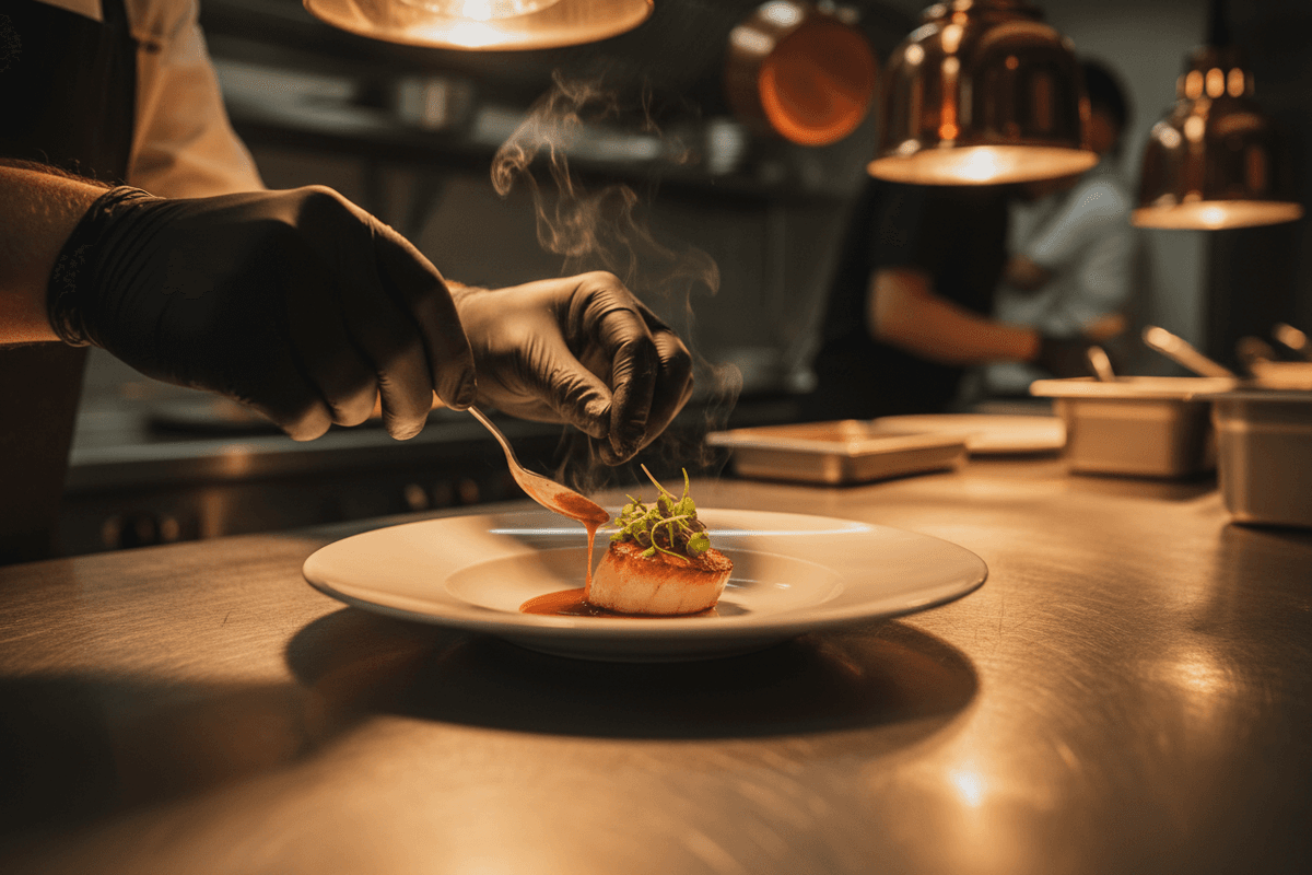 Chef plating food with care