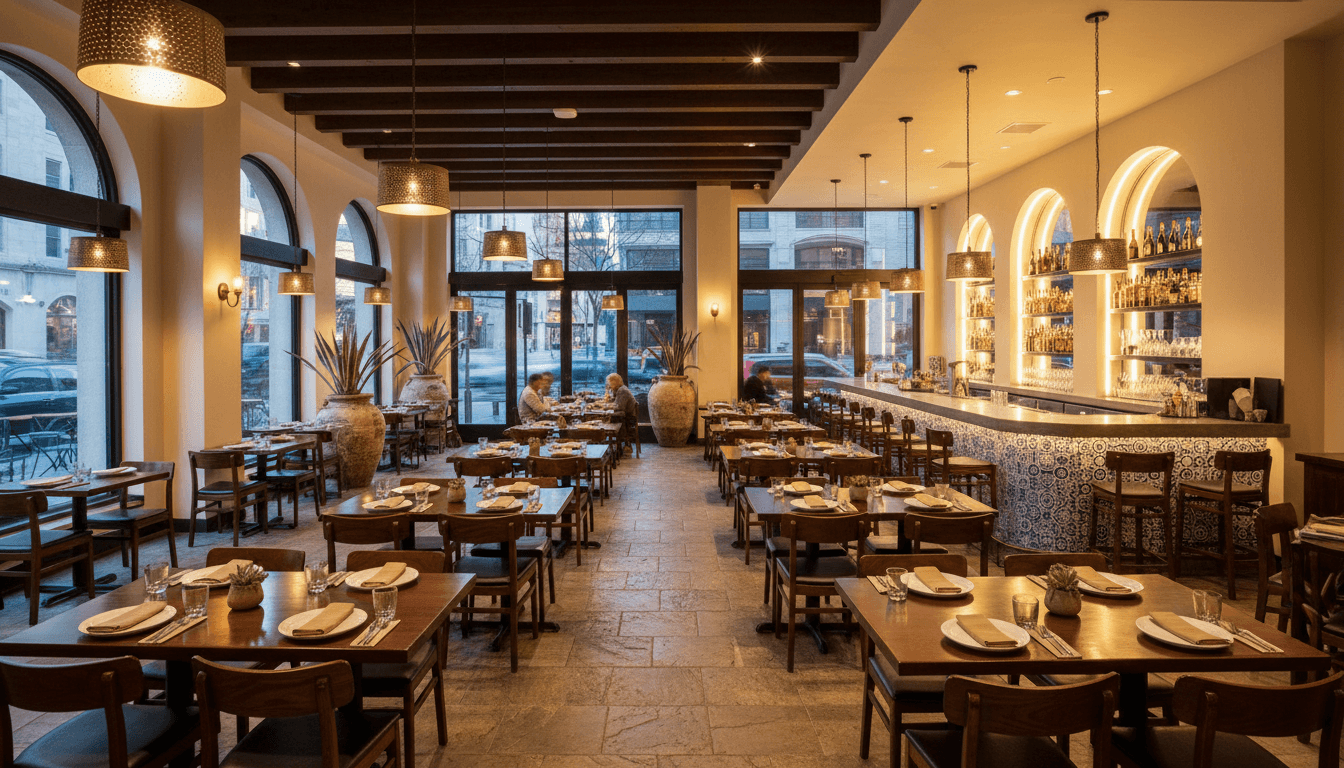Elegant interior of Azulejo restaurant with warm lighting